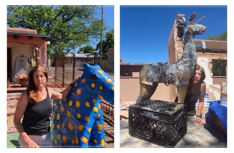Anna Jewel Gove in her Santa Fe studio with two papier-mache sculptures