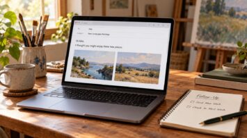 A laptop displaying an artwork follow-up email beside a notebook with reminders to send new work and check in next week.